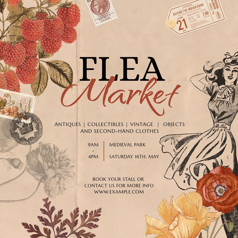 Flea market  Facebook ad template, vintage ephemera remix