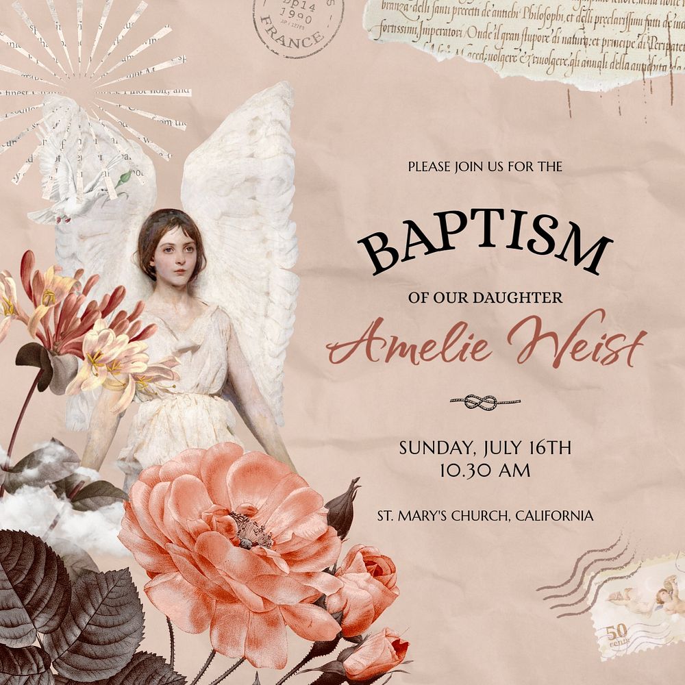 Baptism ceremony Instagram post template, vintage ephemera remix