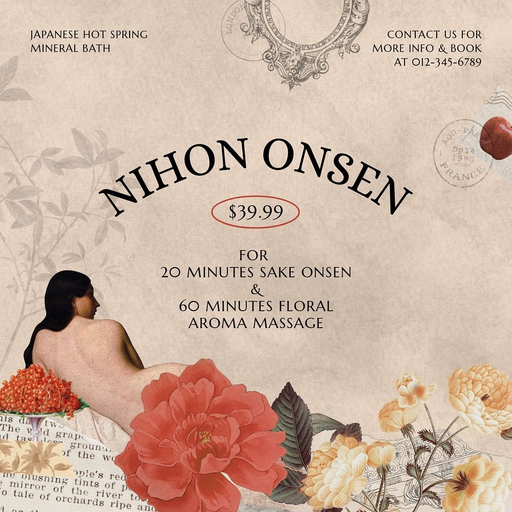 Onsen business Instagram post template, vintage ephemera remix