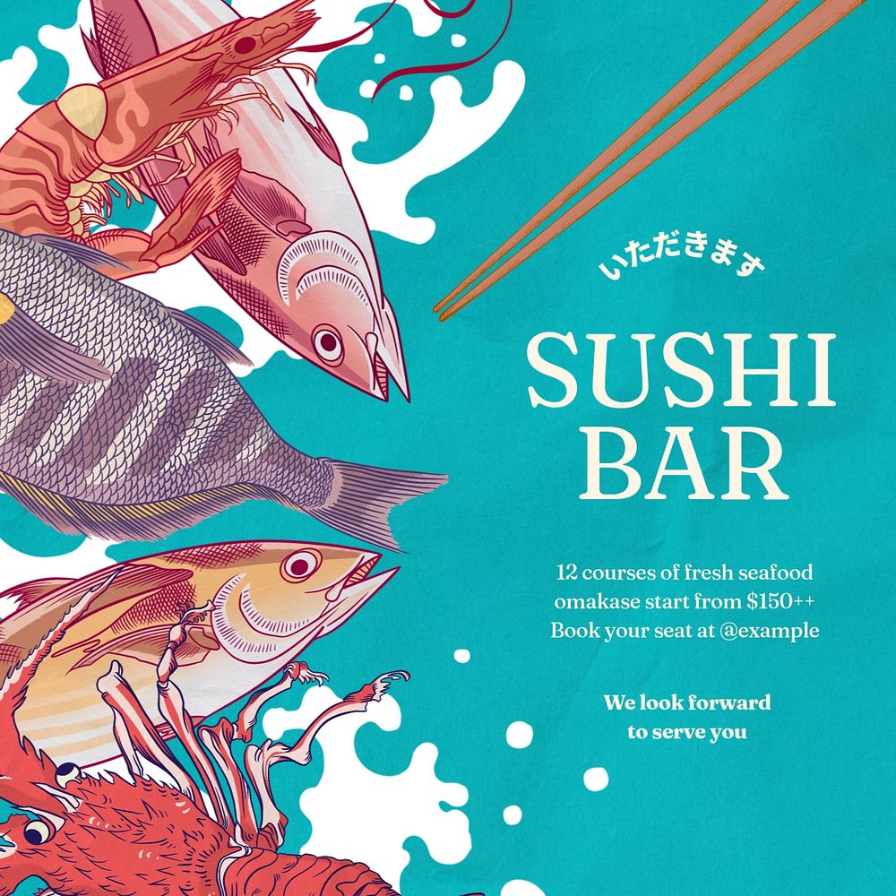 Sushi bar Facebook ad template, customizable Ukiyo-e art remix design