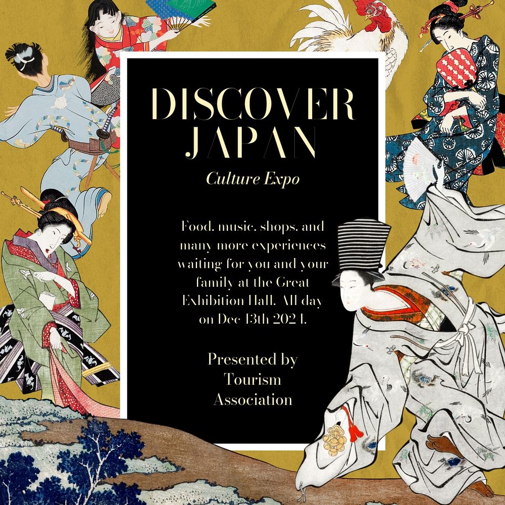 Japan expo Facebook ad template, customizable Ukiyo-e art remix design