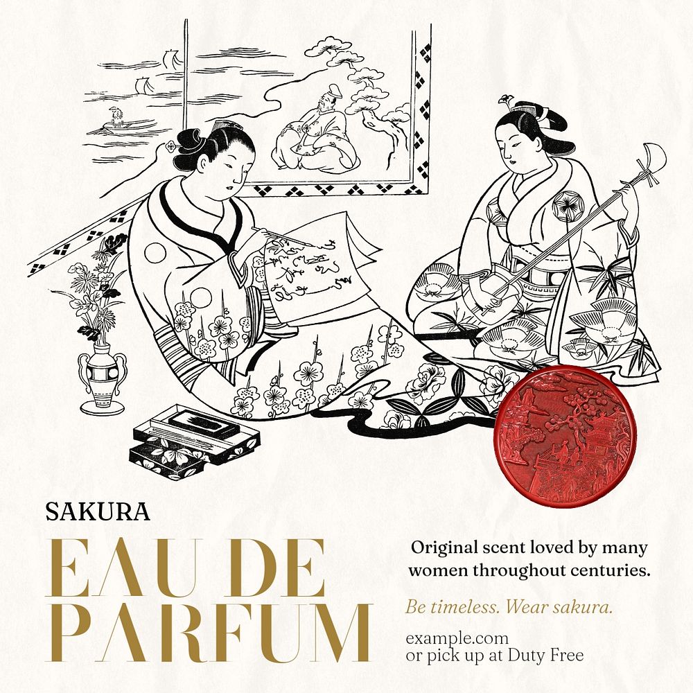 Japanese perfume Facebook ad template, customizable Ukiyo-e art remix design