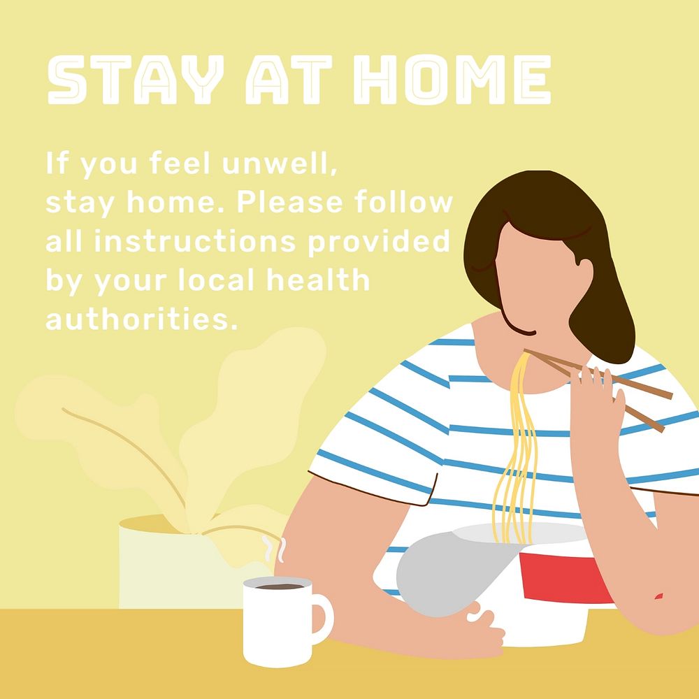 Stay home Facebook post template, editable woman eating noodle deign