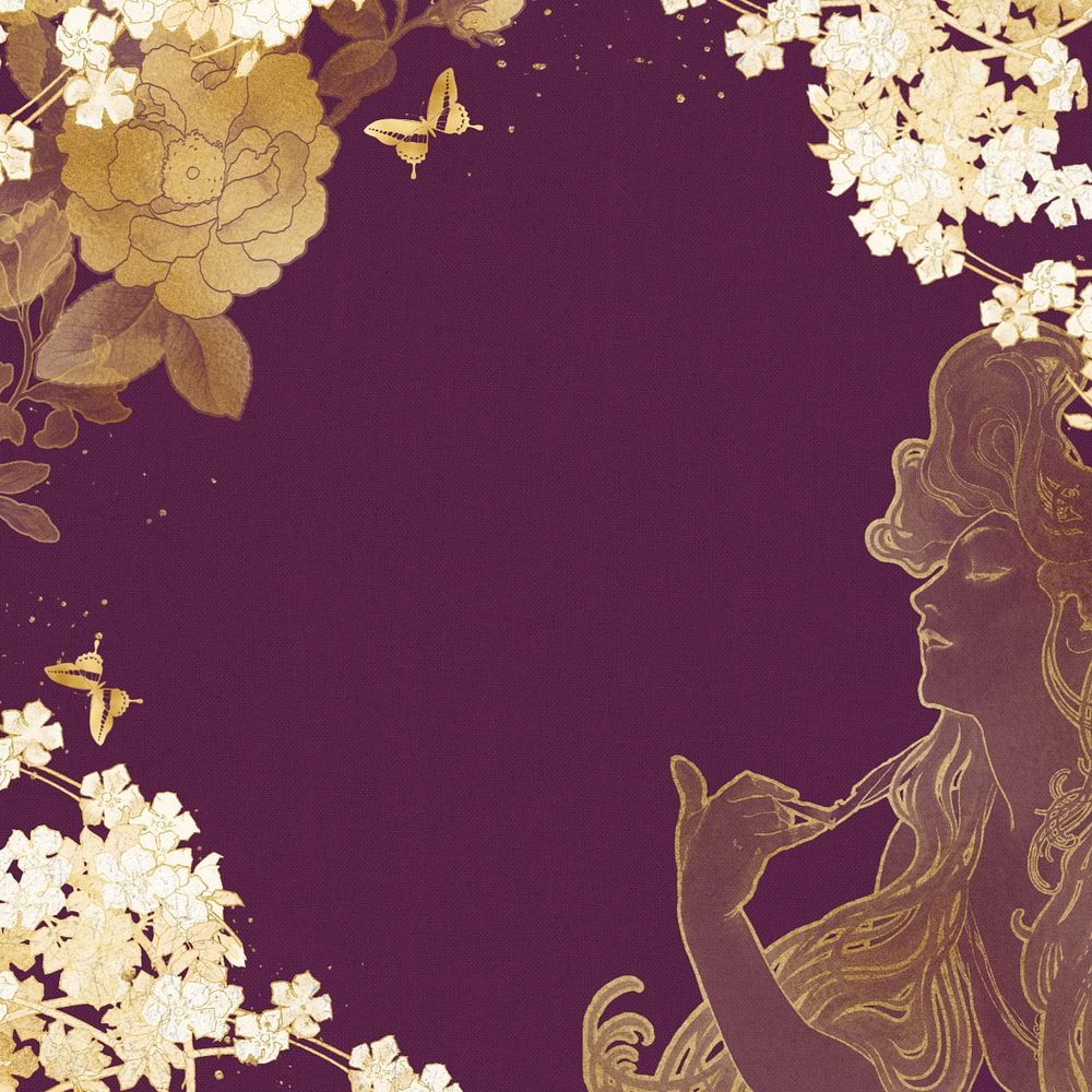 Gold floral frame background, Alphonse Mucha's woman vintage illustration, remixed by rawpixel, editable design