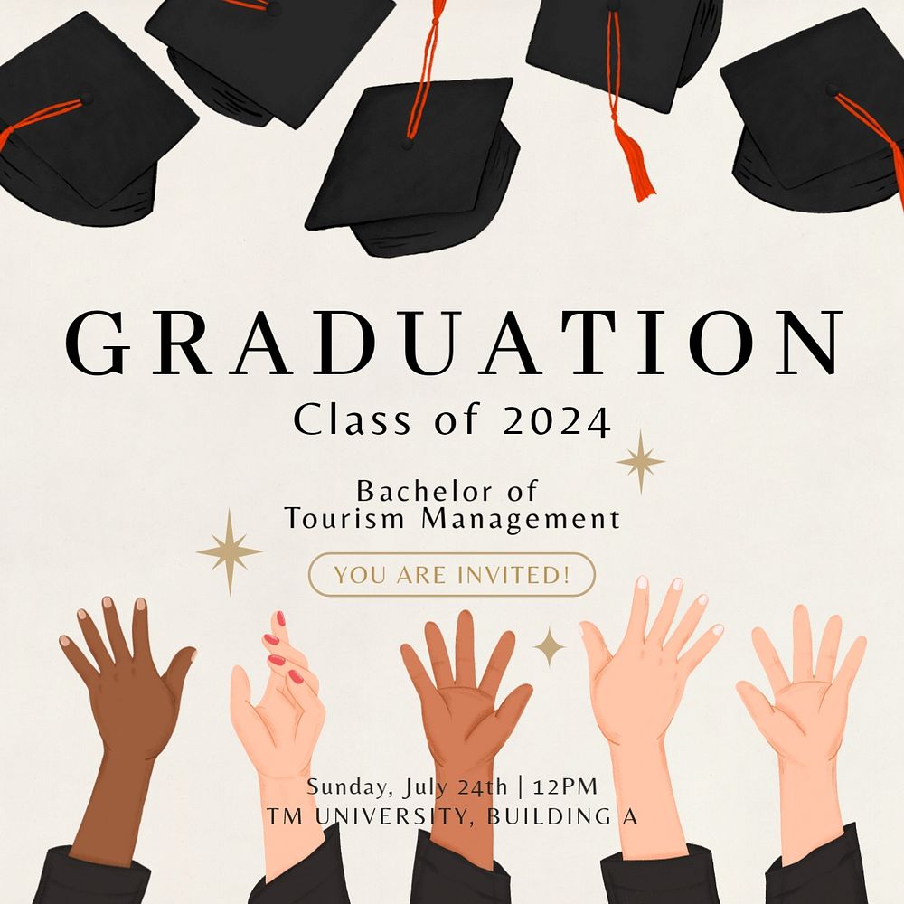 Graduation hat Instagram post template, editable education digital painting remix