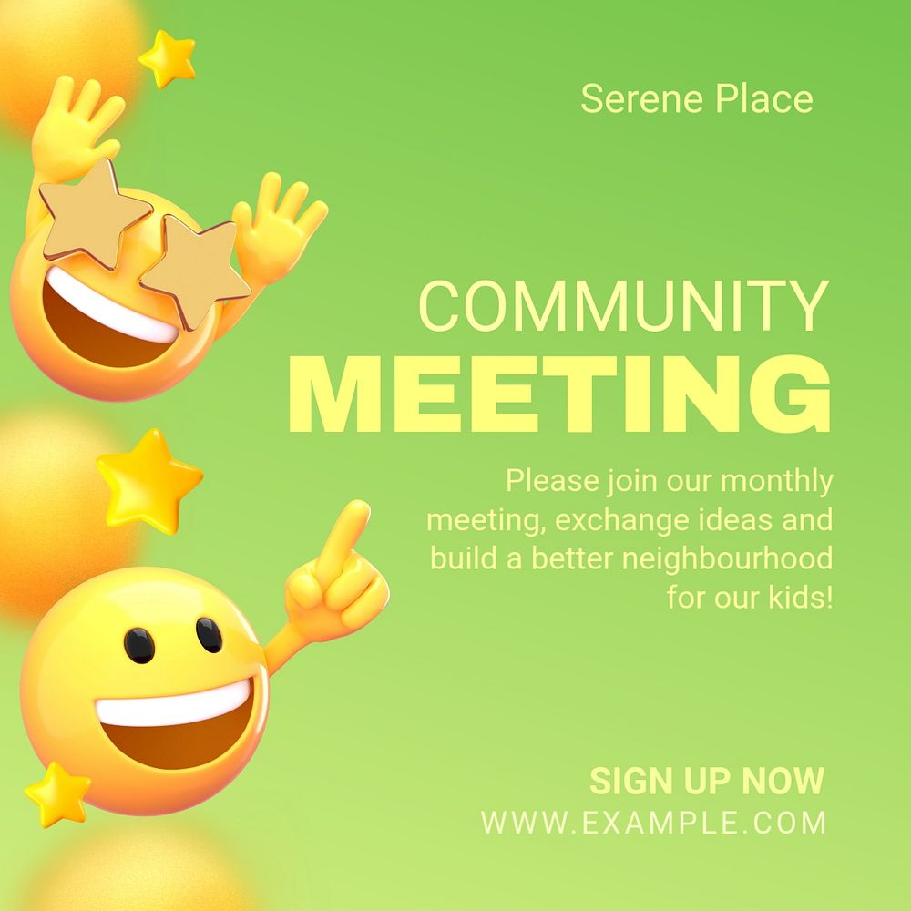 Community meeting Facebook ad template, 3D emoticon editable design