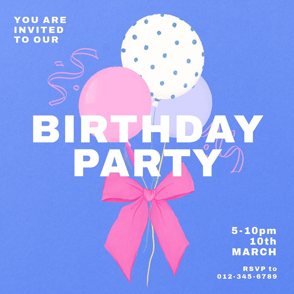 Birthday invitation Instagram post template, editable digital painting remix