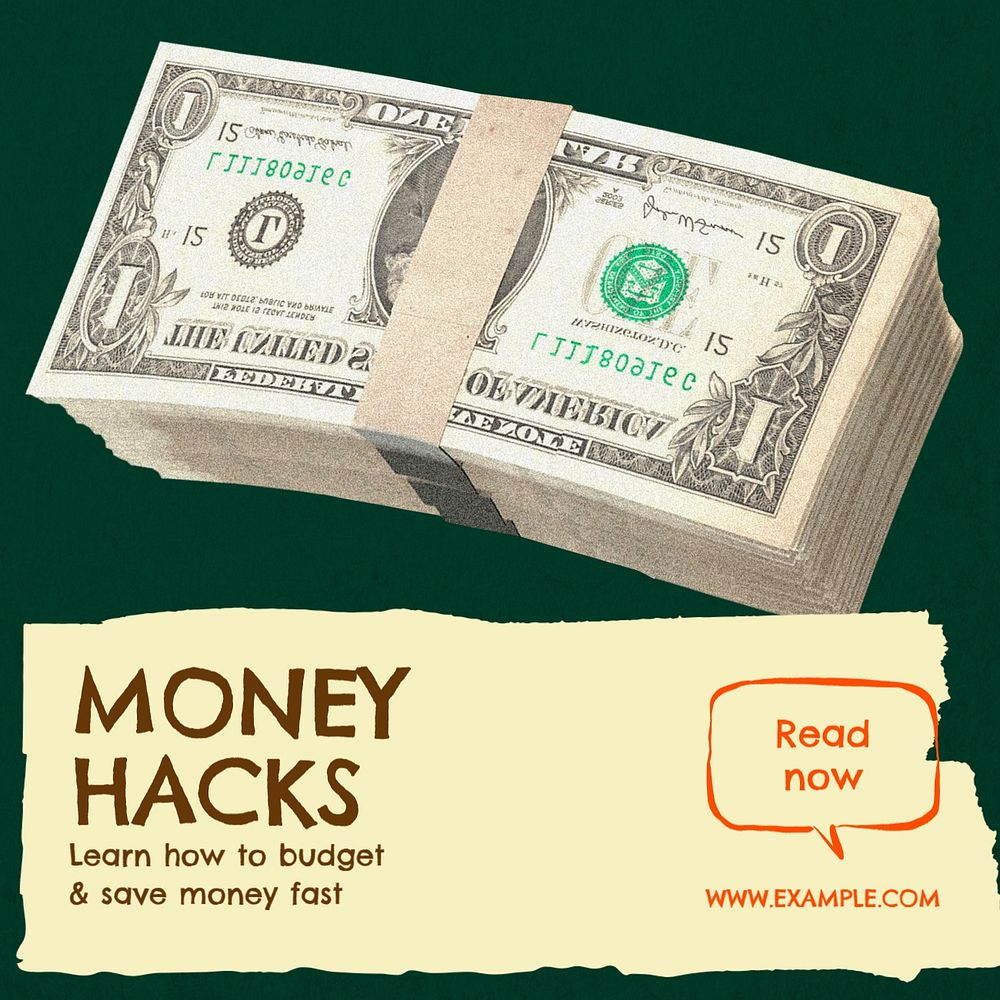 Money hacks article Instagram post template, editable social media design