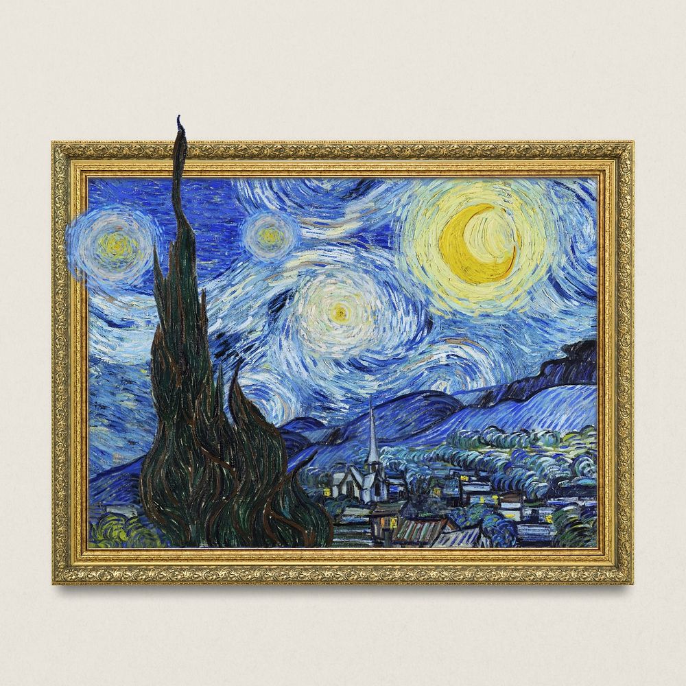 Editable Starry Night gold frame, Van Gogh's famous painting, remixed by rawpixel