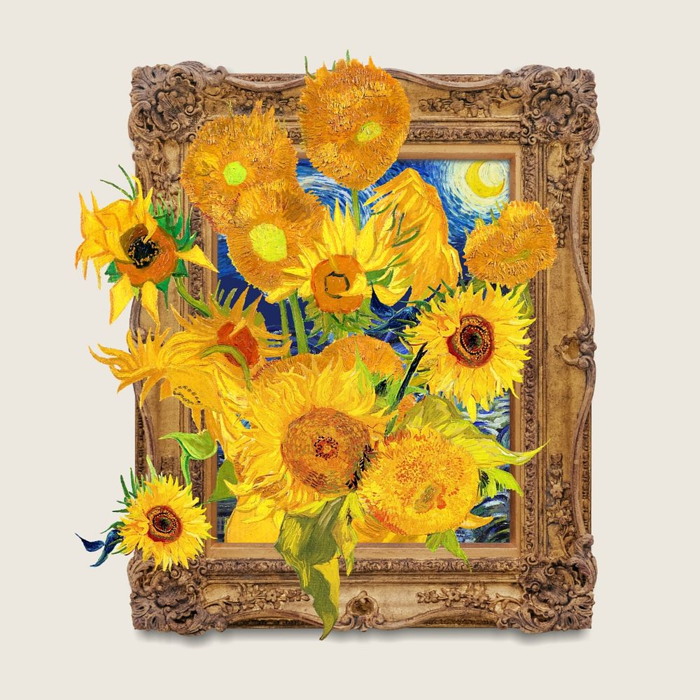 Van Gogh's Sunflowers, gold frame element, editable famous painting design, remixed by rawpixel