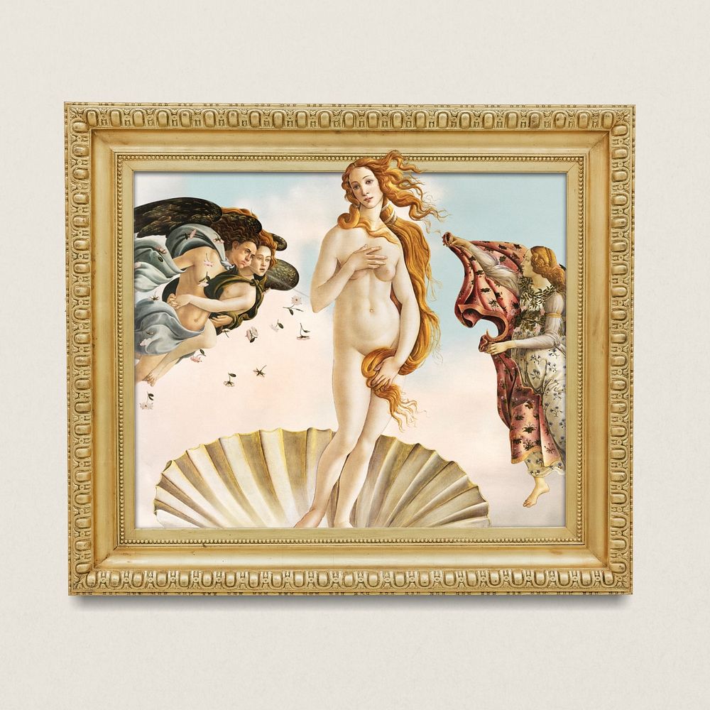 Editable gold picture frame, the Birth of Venus, vintage artwork by Sandro Botticelli, remixed by rawpixel