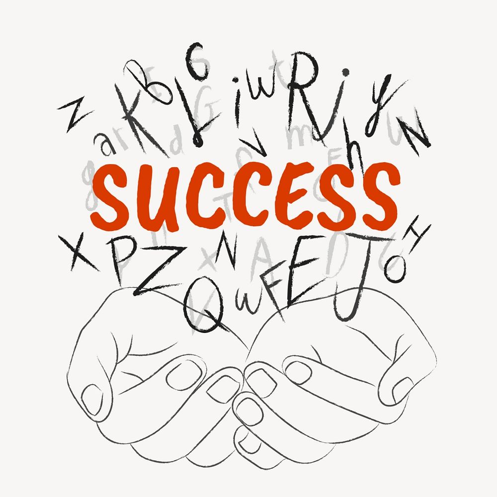 Success word sticker, editable typography, hands cupping alphabet letters