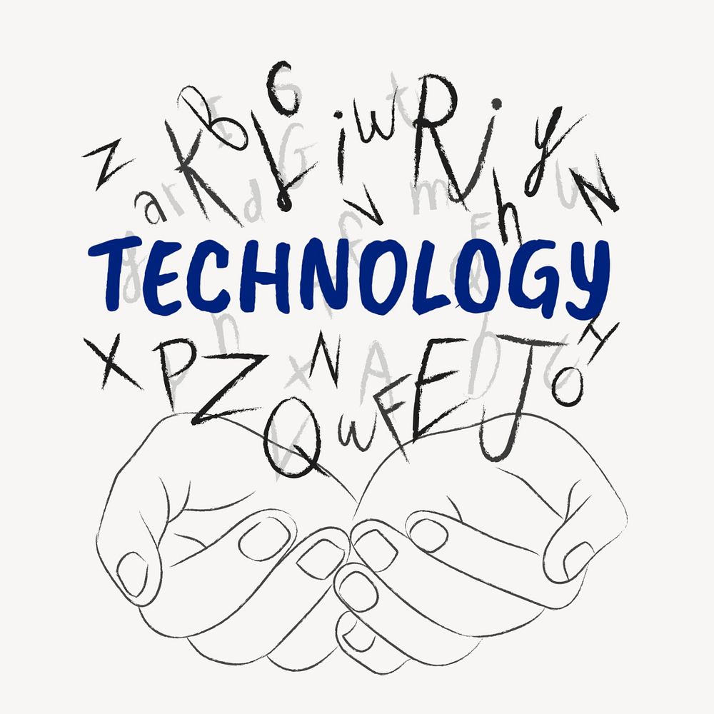 Technology word sticker, editable typography, hands cupping alphabet letters