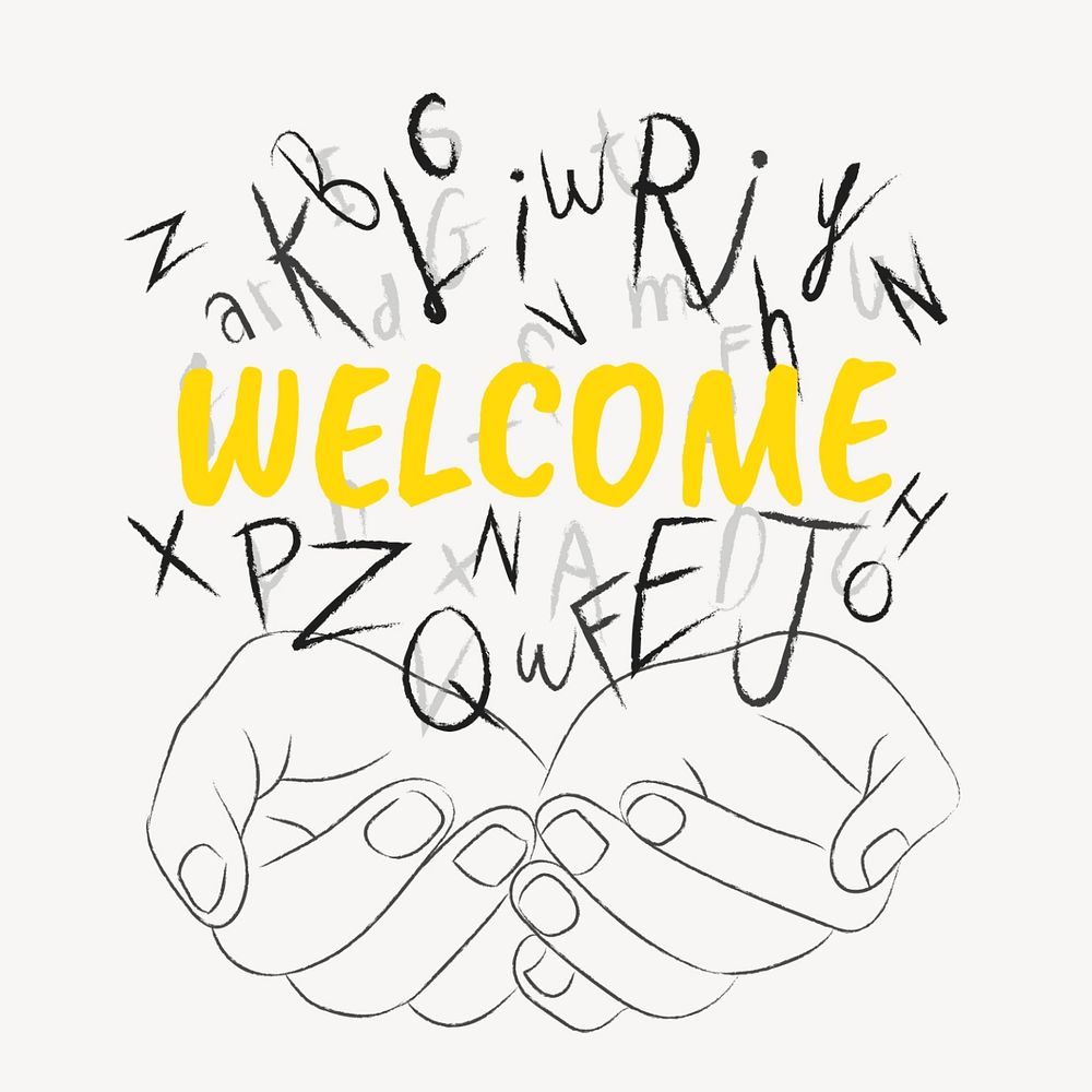 Welcome word sticker, editable typography, hands cupping alphabet letters