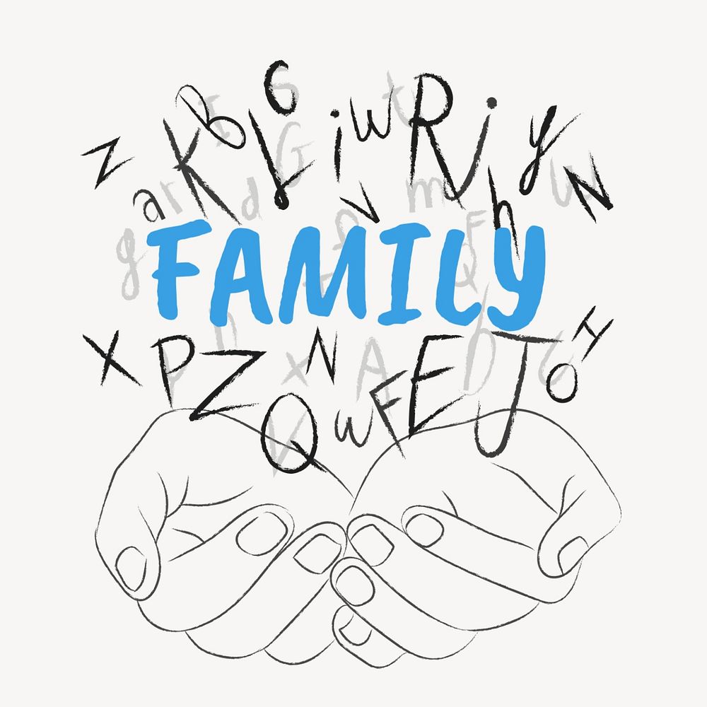 Family word sticker, editable typography, hands cupping alphabet letters