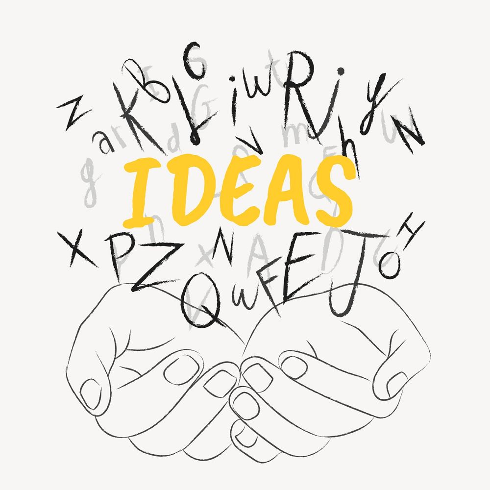 Ideas word sticker, editable typography, hands cupping alphabet letters