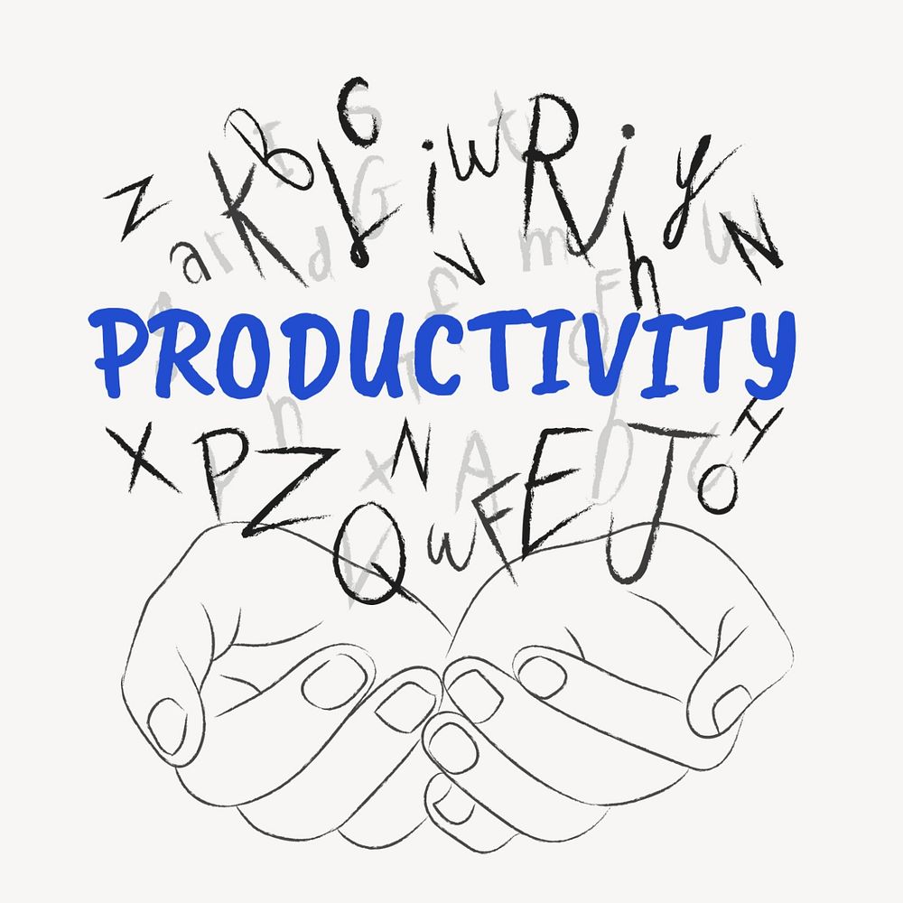 Productivity word sticker, editable typography, hands cupping alphabet letters