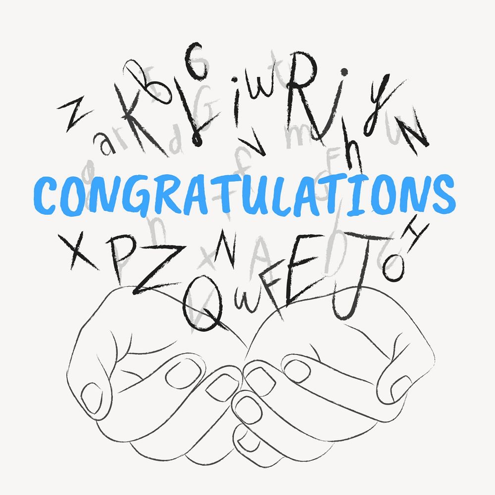 Congratulations word sticker, editable typography, hands cupping alphabet letters