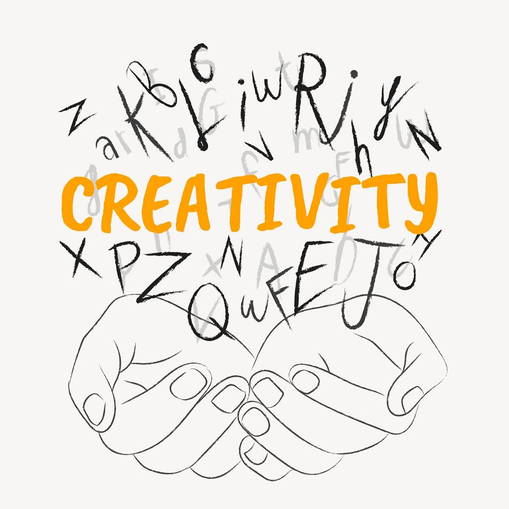 Creativity word sticker, editable typography, hands cupping alphabet letters