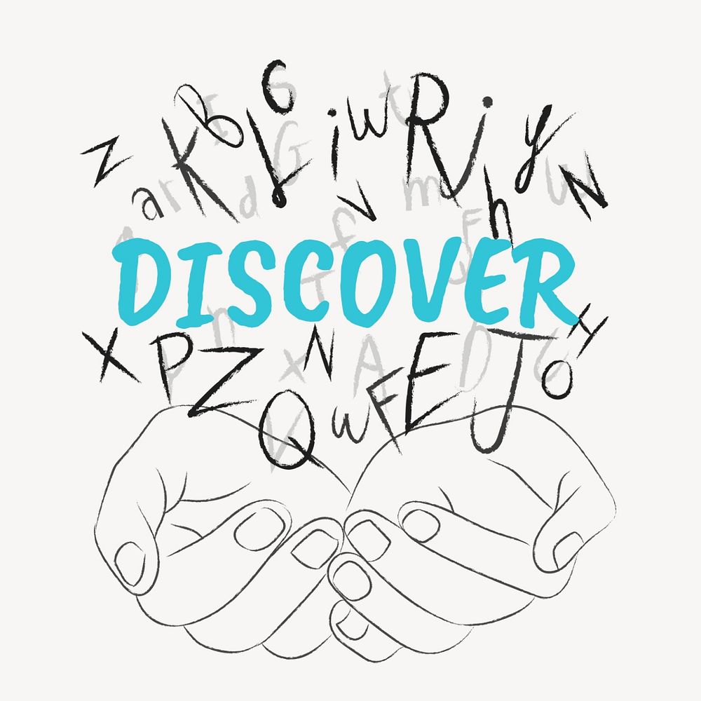 Discover word sticker, editable typography, hands cupping alphabet letters