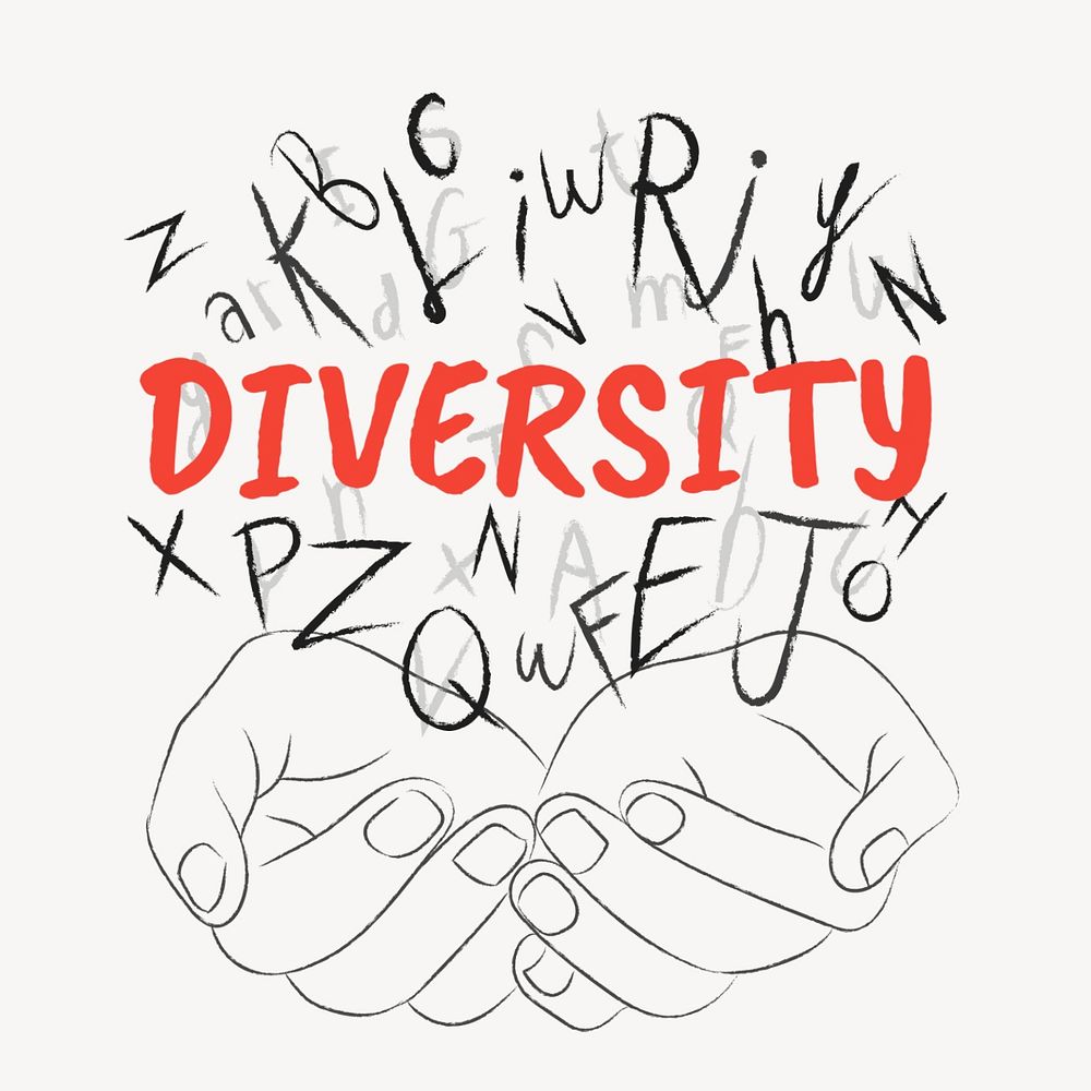 Diversity word sticker, editable typography, hands cupping alphabet letters