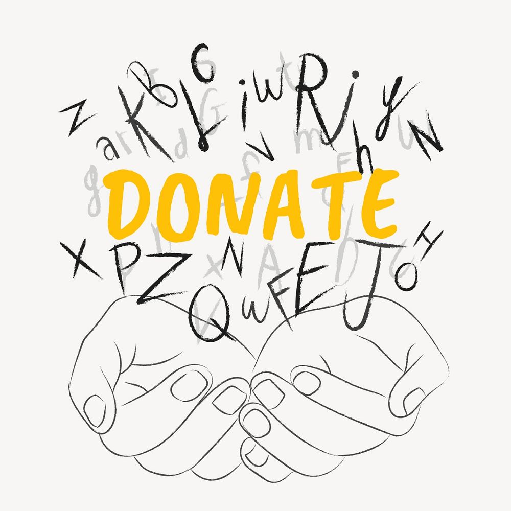 Donate word sticker, editable typography, hands cupping alphabet letters