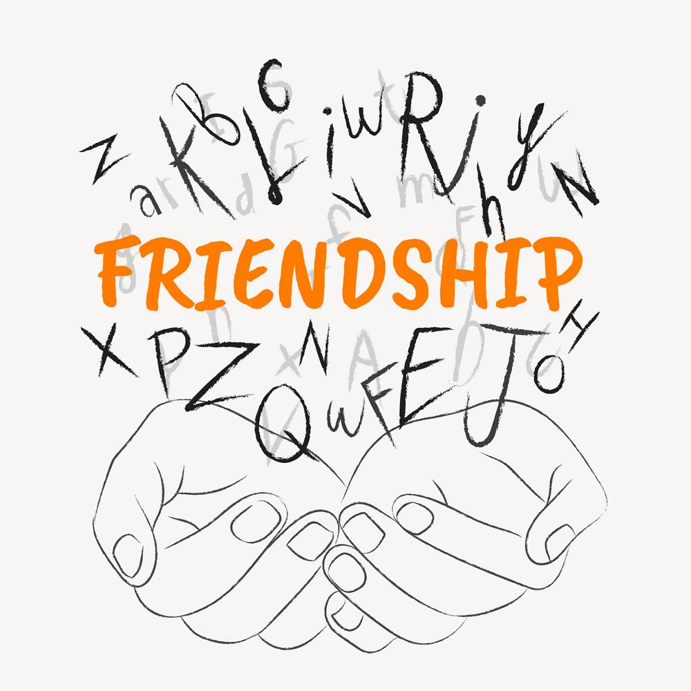 Friendship word sticker, editable typography, hands cupping alphabet letters