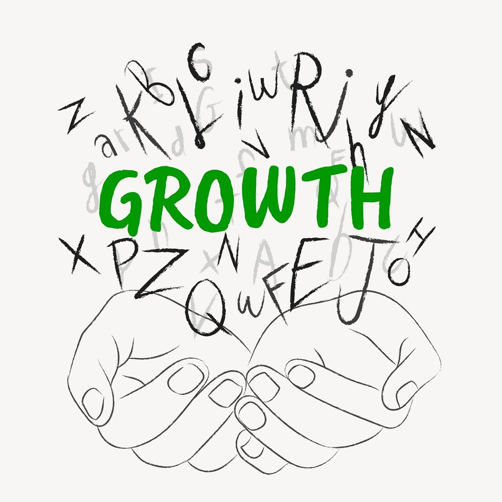 Growth word sticker, editable typography, hands cupping alphabet letters