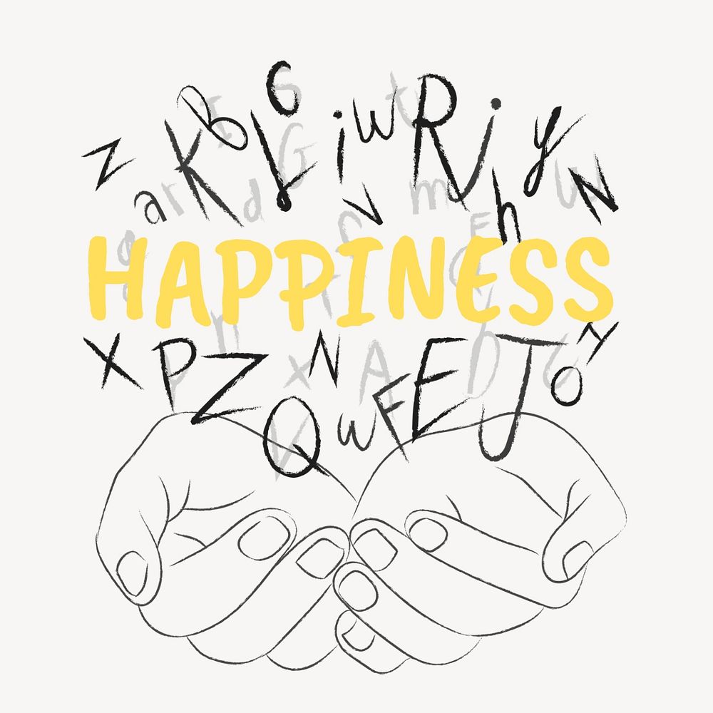 Happiness word sticker, editable typography, hands cupping alphabet letters