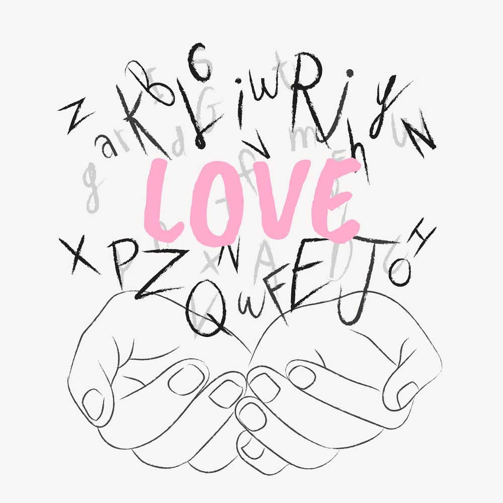 Love word sticker, editable typography, hands cupping alphabet letters