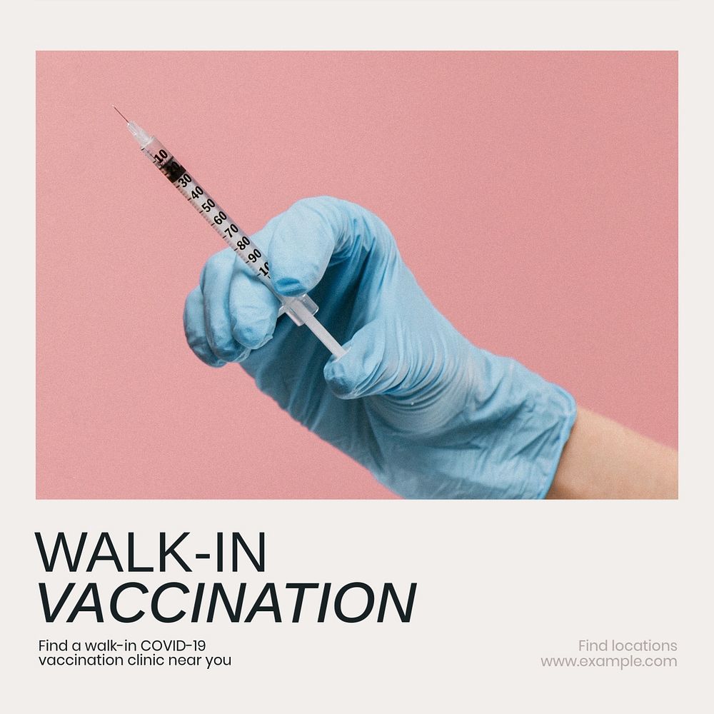 Walk-in vaccination Instagram post template, editable social media ad