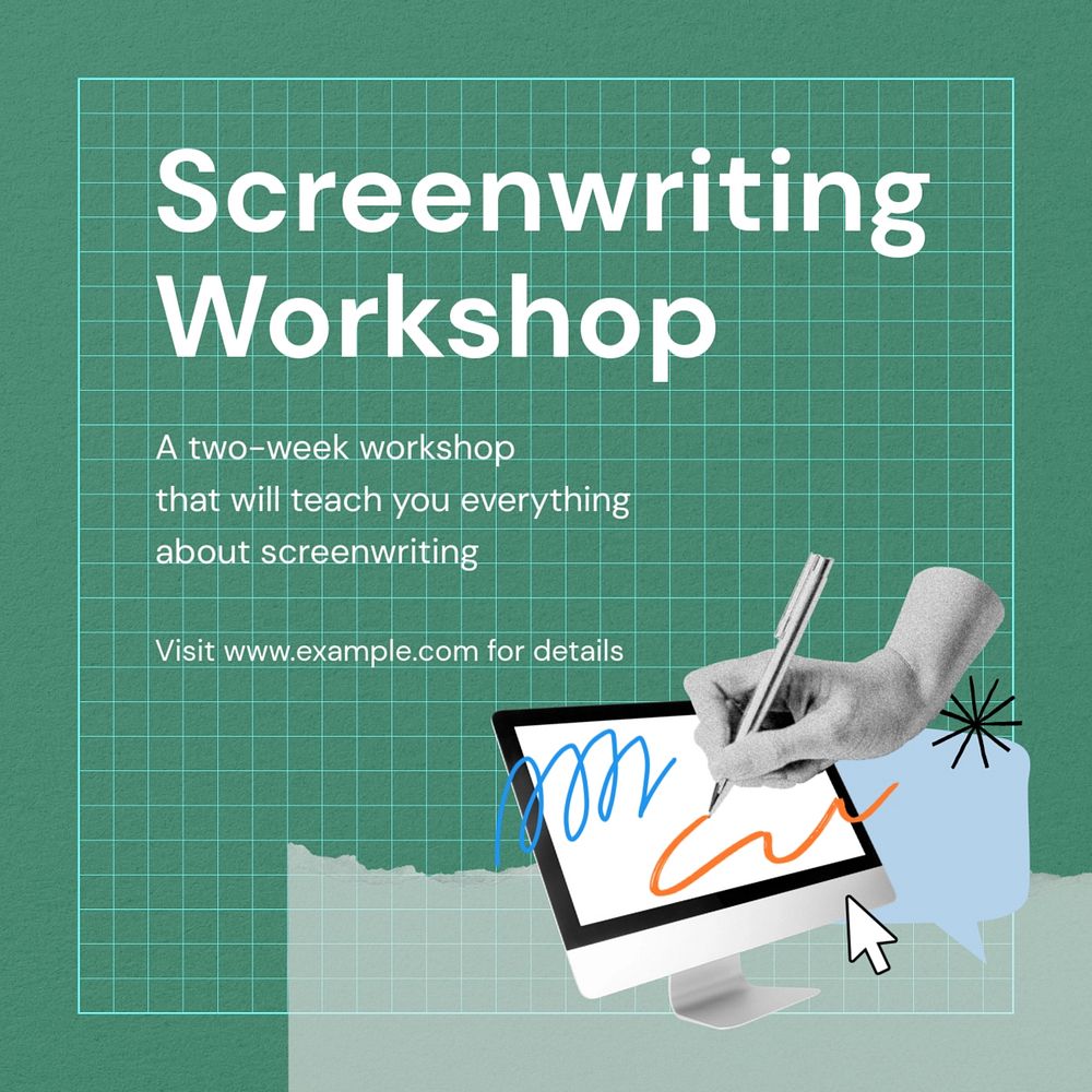 Screenwriting workshop Instagram post template, editable text