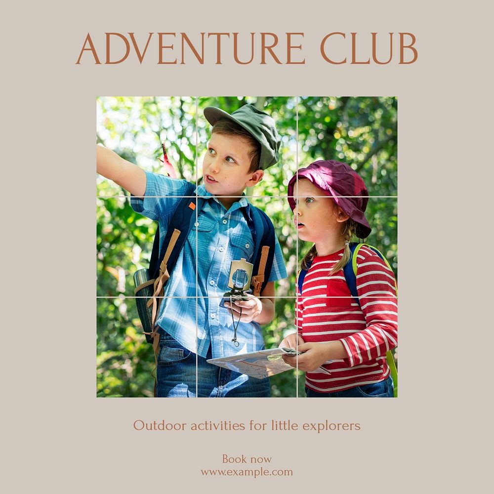 Kids adventure club Facebook post template, editable social media ad