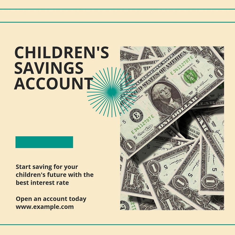 Kid's savings account Facebook post template, editable social media ad