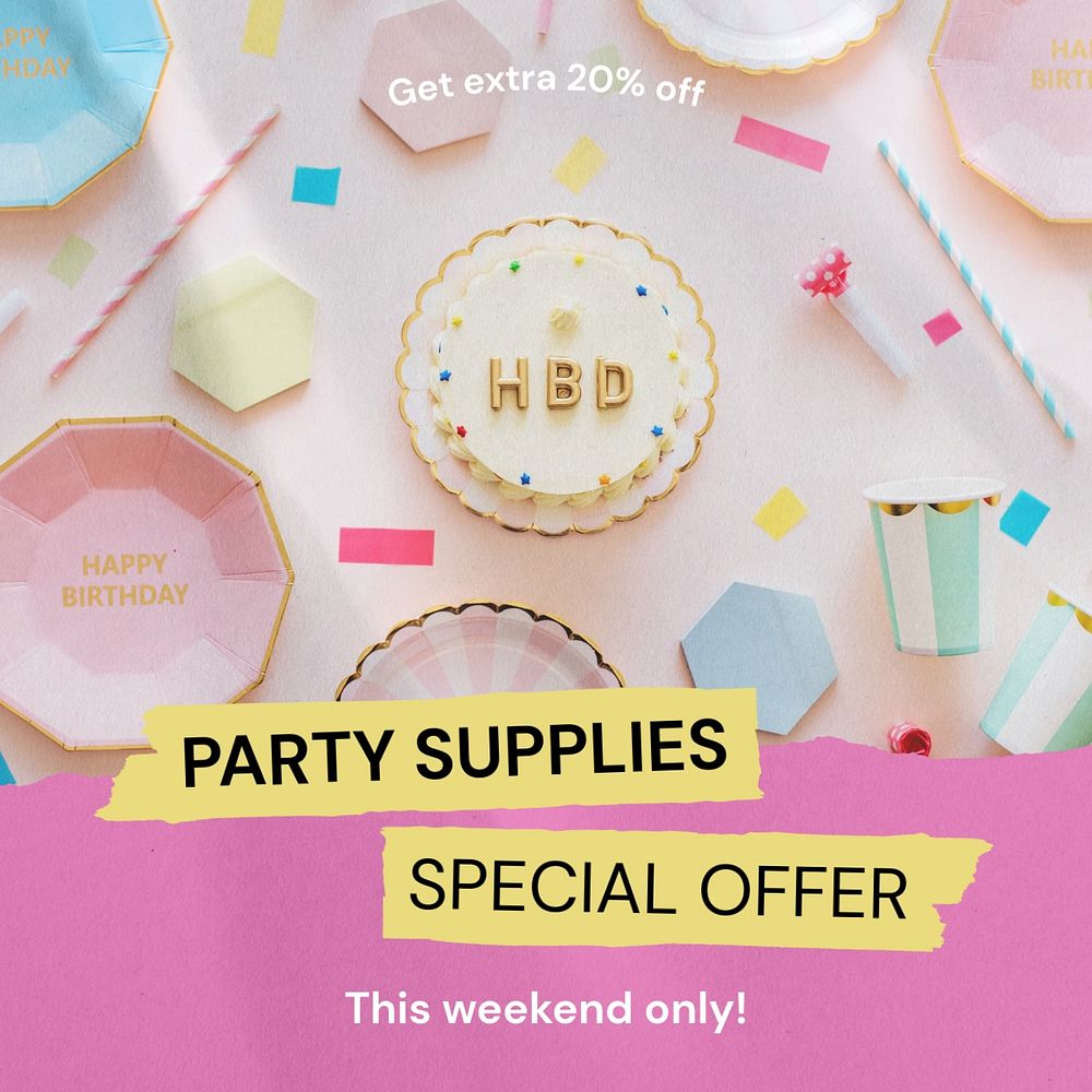 Party supplies Instagram post template, editable text