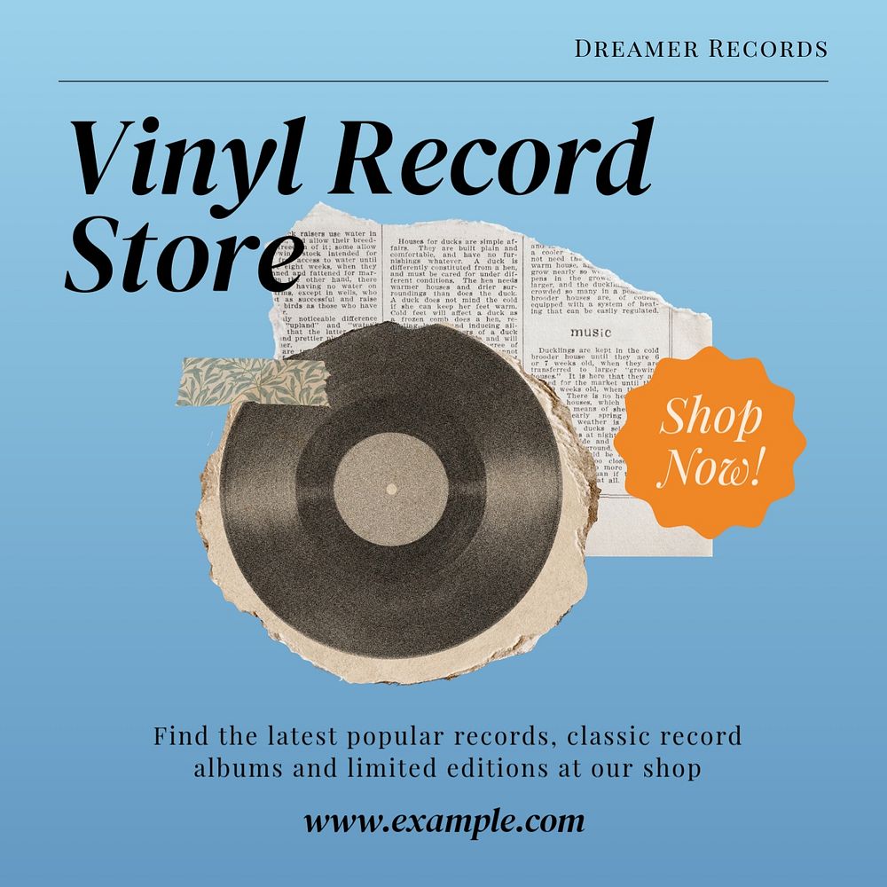 Vinyl record store Instagram post template, editable design