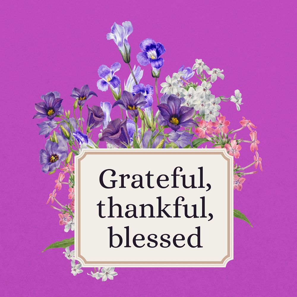 Grateful, thankful, blessed word, aesthetic flower collage art, editable design