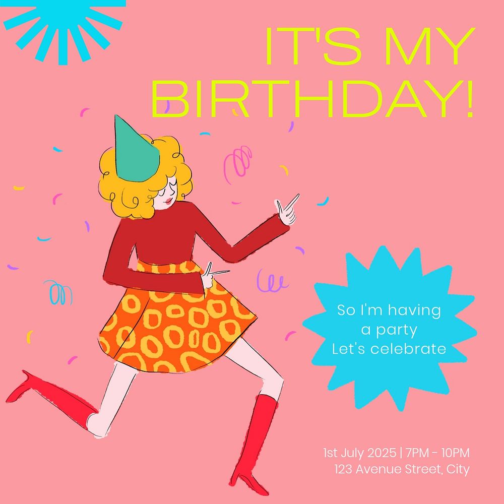 Birthday party Instagram post template, editable text