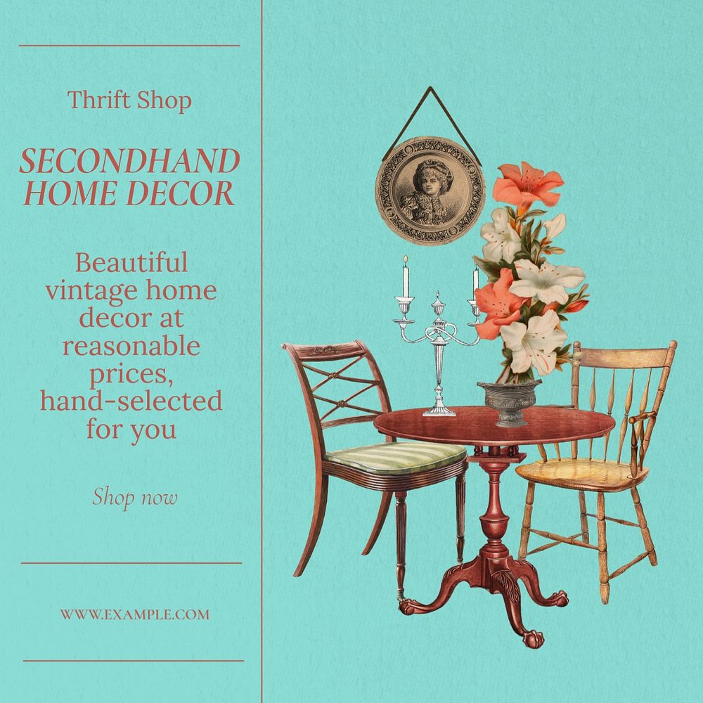 Secondhand decor shop Instagram post template, editable design