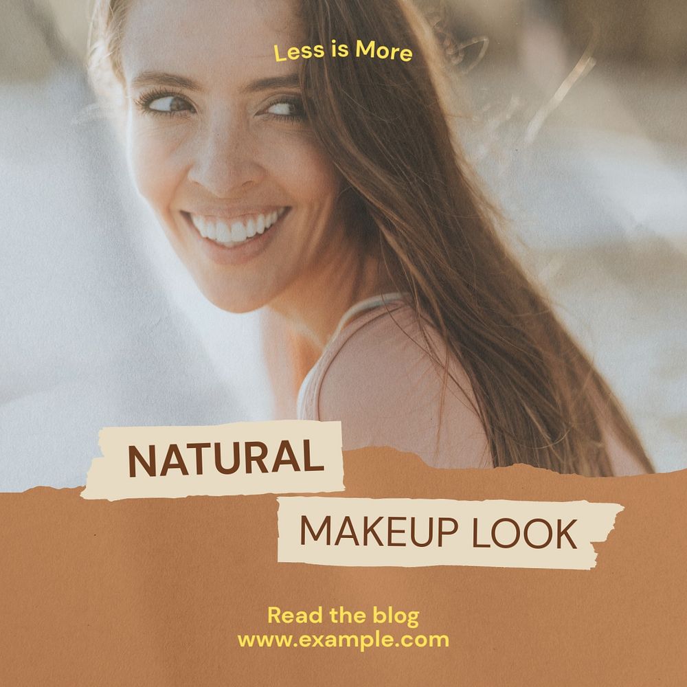 Natural makeup look Instagram post template, editable text