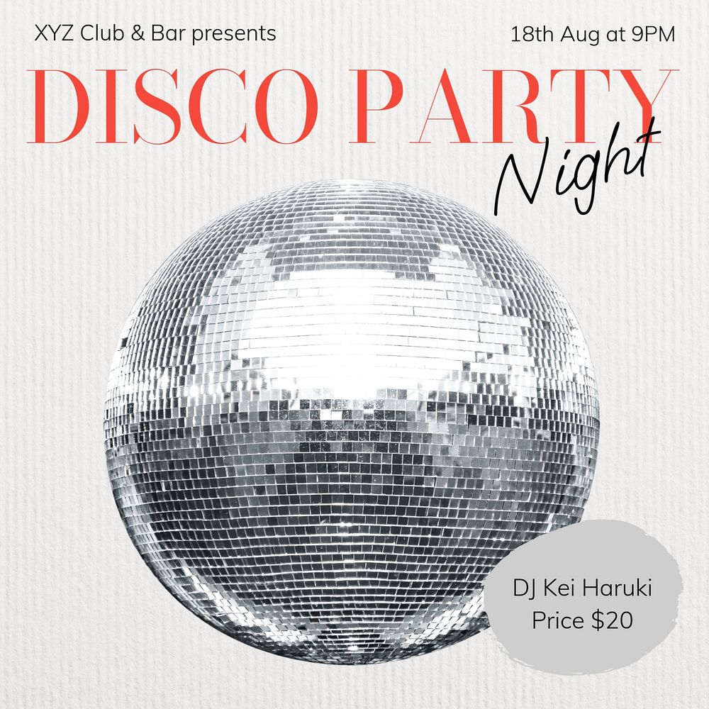 Disco party night Instagram post template, editable text