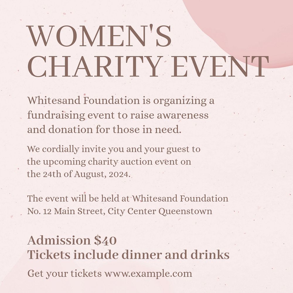 Women's charity event Instagram post template, editable text