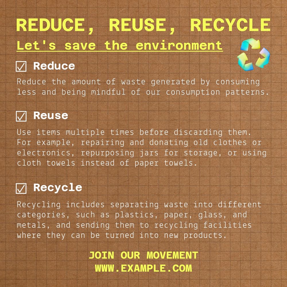 Reduce, reuse, recycle Instagram post template, editable text