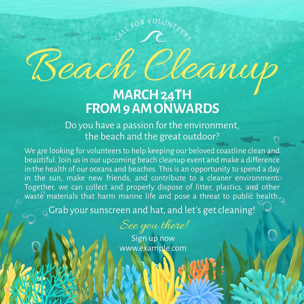 Beach cleanup Instagram post template, editable text