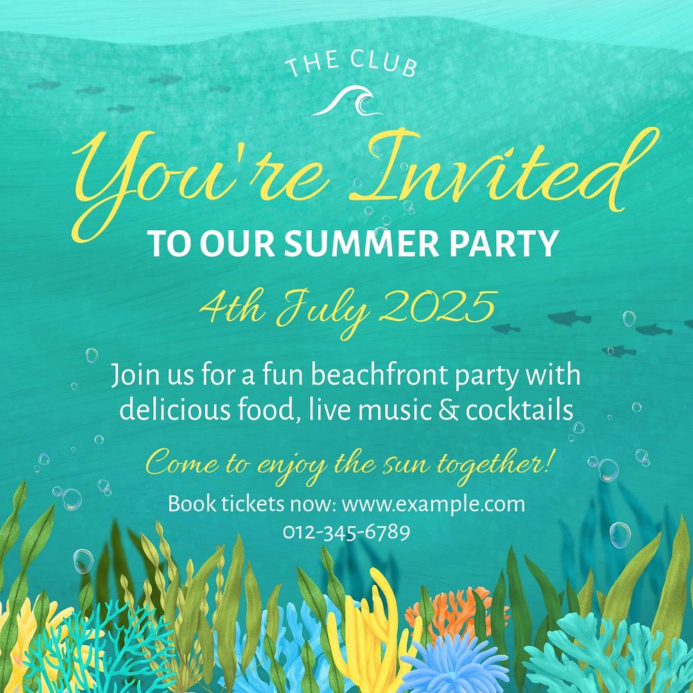 Summer party invitation Instagram post template, editable text