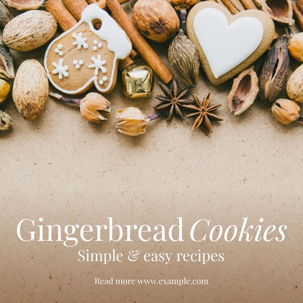 Gingerbread cookie recipe Instagram post template, editable text