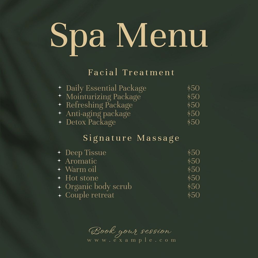 Spa menu Instagram post template, editable text