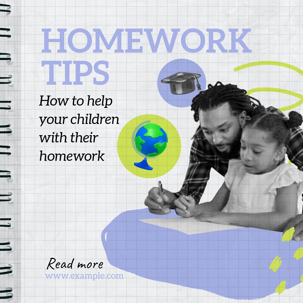 Homework tips Instagram post template, editable text