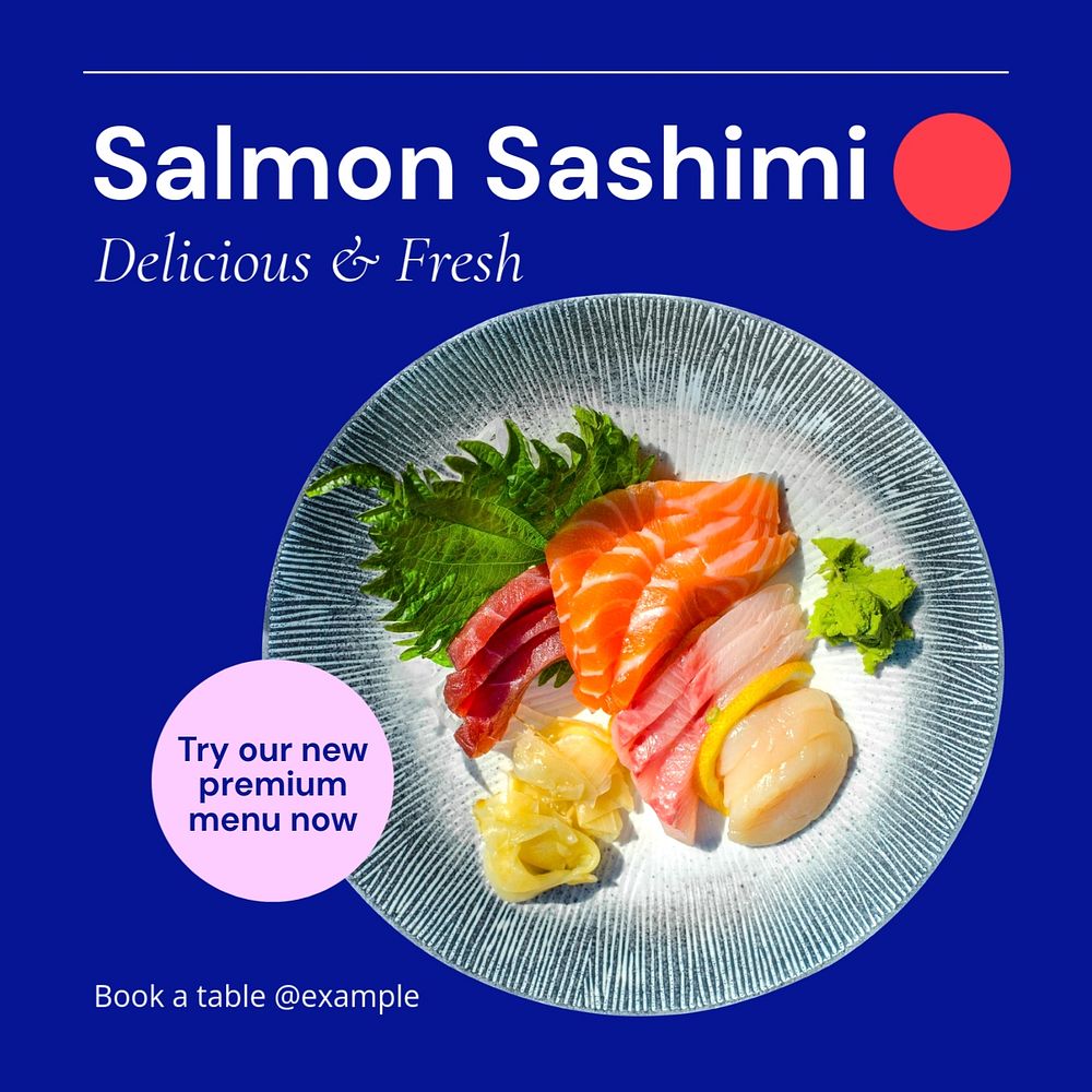 Japanese salmon sashimi Instagram post template, editable text