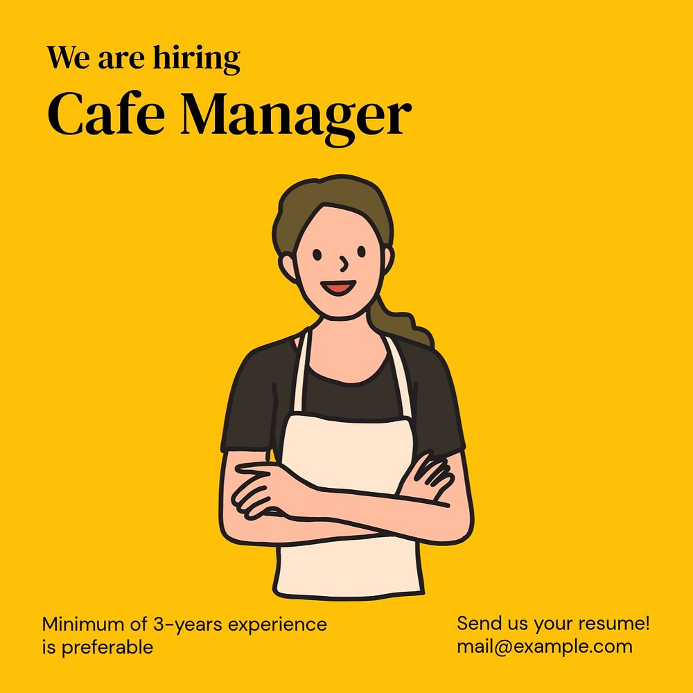 Cafe manager job Instagram post template, editable text